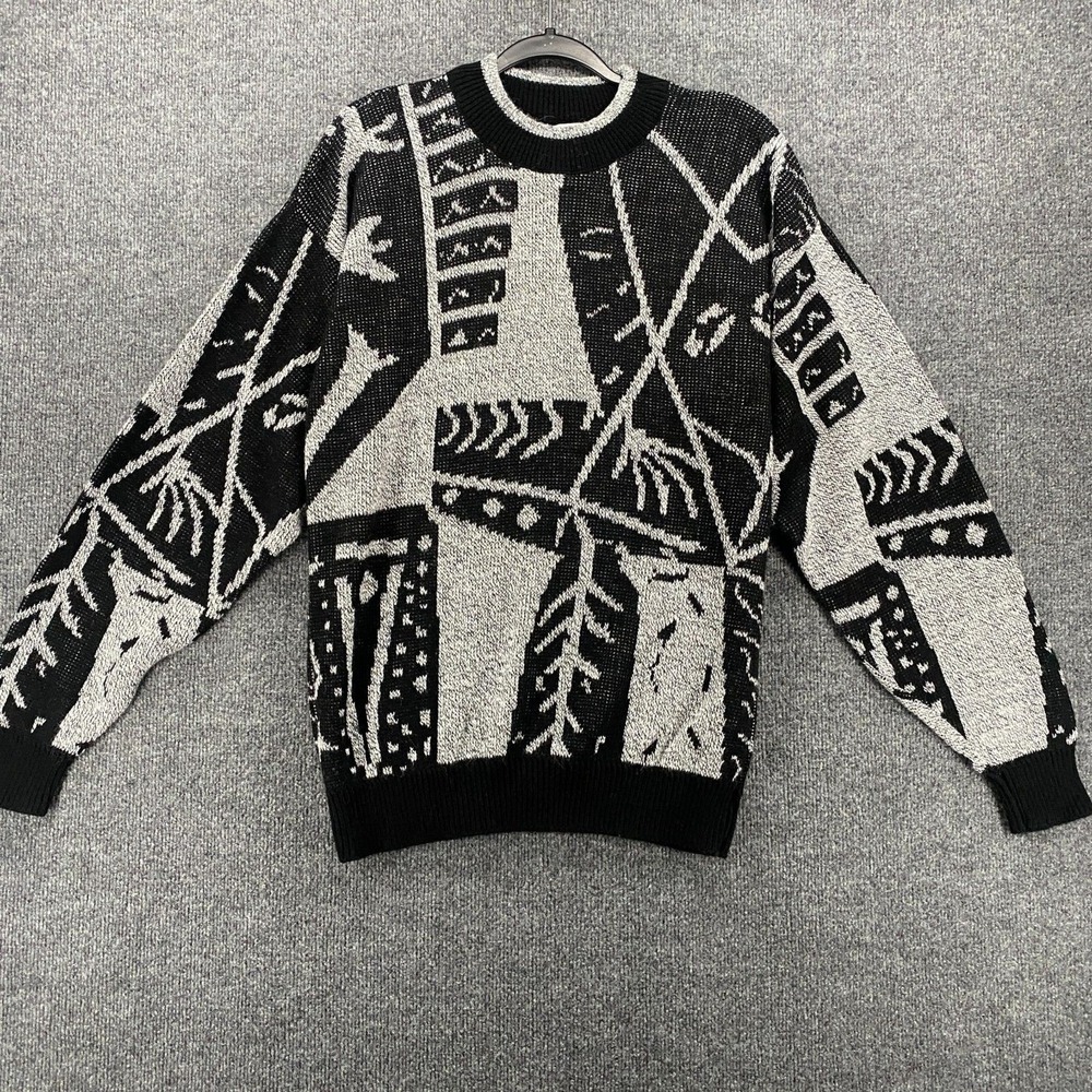 Vintage 90s Le Tigre Sweater Mens L Black Print Crew Neck Cosby Grandpa Retro